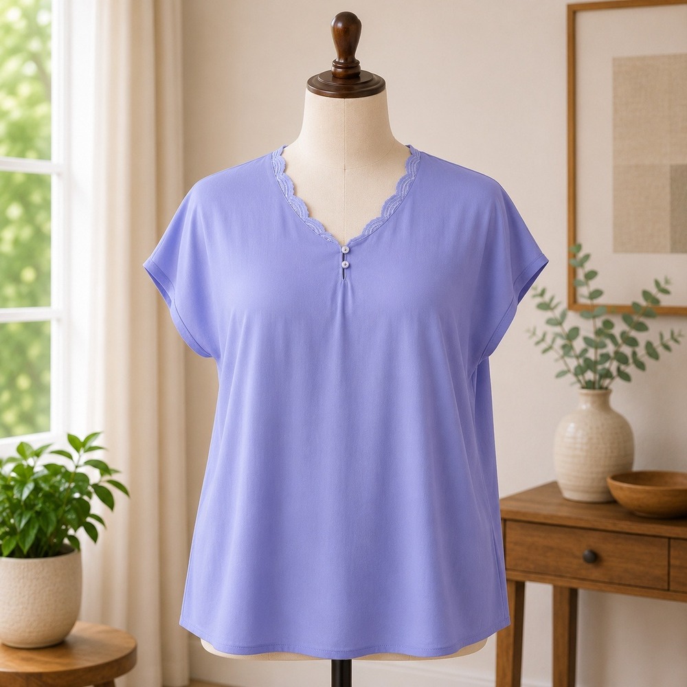 Carole Hochman Purple Lace Trim Henley Sleep Shirt Lounge‎ Top Plus Size 2X